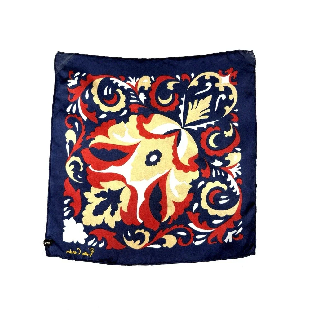 Vintage Pierre Cardin 100% Silk Scarf 14” Navy Red Gold Baroque Floral Mod Boho